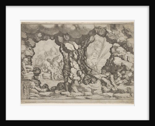 A giant heaving a boulder at center, other giants to left and right struggling and rec…, ca. 1680 by Pietro Santi Bartoli