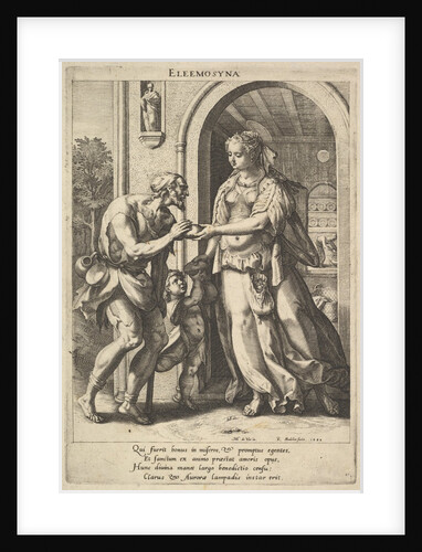 Alms-giving: a woman with pearl headdress and halo hands bread to two male beggars, one be…, 1589 by Raphael Sadeler