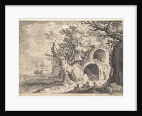 Ruined aqueduct with water spilling from it to a stream below, ships at sea beyond, a …, ca. 1600 by Aegidius Sadeler II