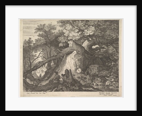 A man holding a staff and seated on a tree trunk; with two goats to either side; surro…, ca. 1600 by Aegidius Sadeler II