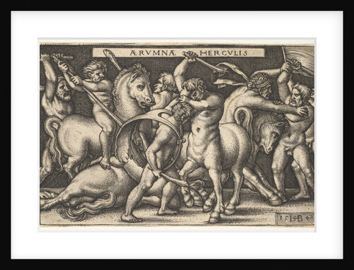 Hercules with his club in center fighting a centaur, other men fighting centaurs to left a…, 1542 by Sebald Beham