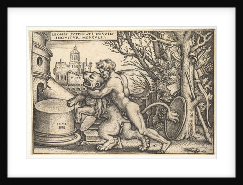 Hercules, in profile, killing the Nemean lion with his arm around its neck, from 'The labo…, 1548 by Sebald Beham