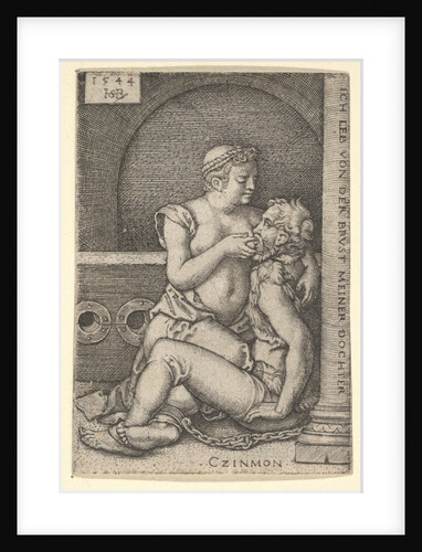 Cimon seated against a column at right, suckling from Pero who is kneeling next to him, 1544 by Sebald Beham