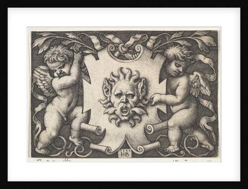 A Mask on an Escutcheon Supported by Two Genii, 1544 by Sebald Beham