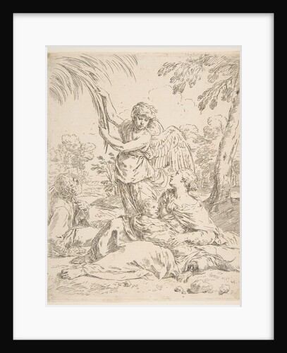 Repose in Egypt, Mary nursing the infant Christ while an angel pulls at tree branches, ca. 1639 by Simone Cantarini