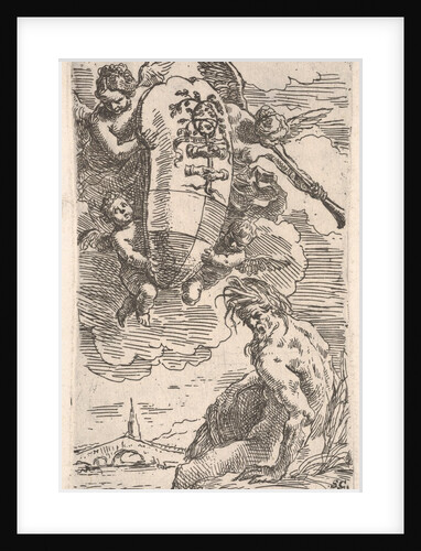 Allegory of the Foglia River and the city of Pesaro's coat of arms, frontispiece for 'Il P…, 1639 by Simone Cantarini