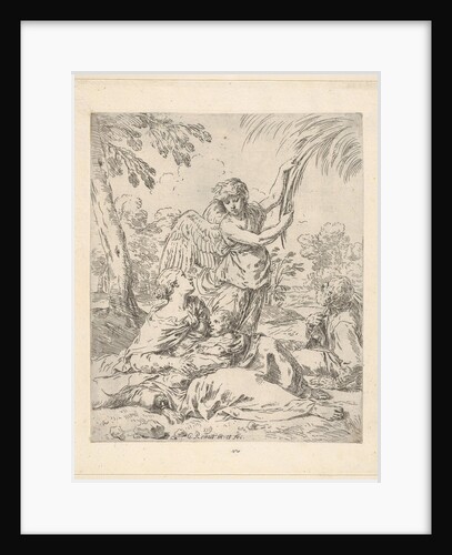 Repose in Egypt, Mary nursing the infant Christ while an angel pulls at tree branc…, ca.1630-1648 by Simone Cantarini