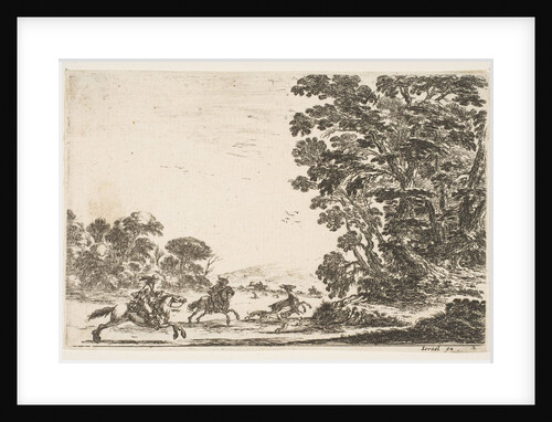 Plate 4: a deer hunt, two horsemen galloping towards the left behind three dogs and a deer…, 1642 by Stefano della Bella