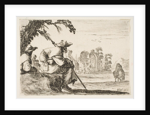 Plate 5: two pilgrims with hats rest to the left, seen from behind, a horseman rides towar…, 1642 by Stefano della Bella