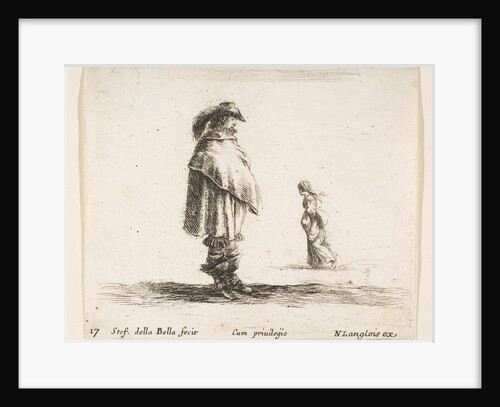 Plate 17: a man wearing a plumed hat in center facing right, a woman walking toward…, ca. 1644-47 by Stefano della Bella