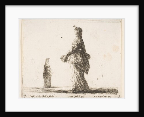 Plate 18: a noblewoman walking towards the left with a feathered fan, another woman…, ca. 1644-47 by Stefano della Bella