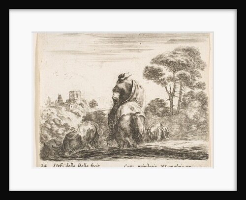 Plate 24: herdsman atop a horse, seen from behind, leads his cattle down a hill, a …, ca. 1644-47 by Stefano della Bella