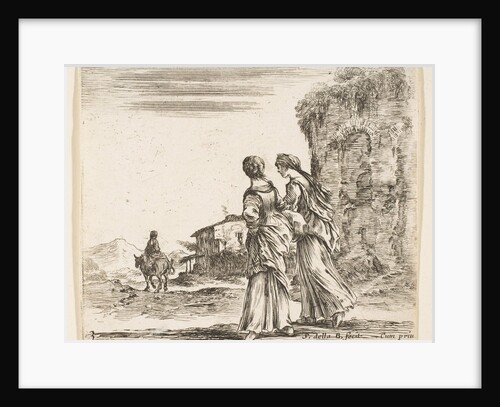 Plate 3: two girls walking towards the left, seen from behind, a woman on a horse t…, ca. 1644-47 by Stefano della Bella
