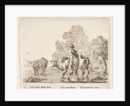 Plate 2: a peasant woman herds two cows across a stream, walking towards the left…, ca. 1644-47 by Stefano della Bella