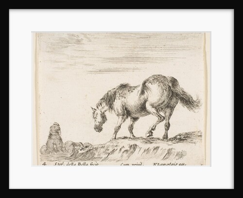 Plate 4: a horse in profile facing the left, about to descend from a mound, a horse…, ca. 1644-47 by Stefano della Bella