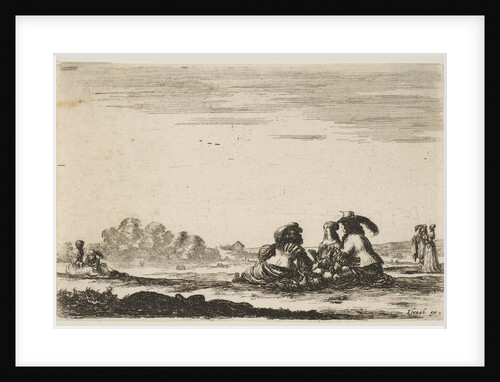 Plate 7: Two noblemen seated in center, seen from behind, conversing with a noblewoman sea…, 1642 by Stefano della Bella