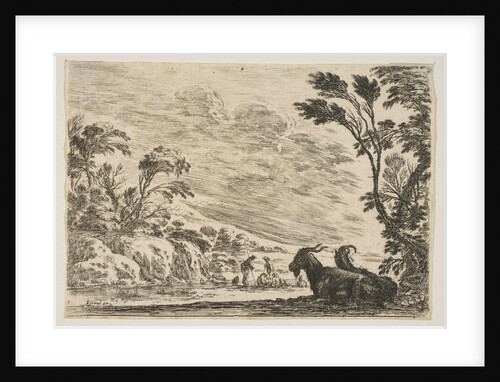 Plate 9: Two goats resting to right, turned towards the left, four men and a horse in a ri…, 1642 by Stefano della Bella
