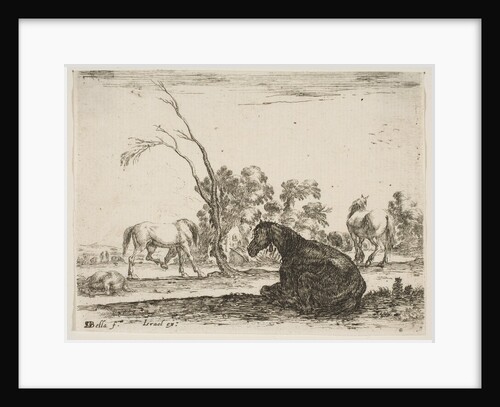 Plate 8: a seated horse to right, seen from behind and turned to the left, three other hor…, 1642 by Stefano della Bella