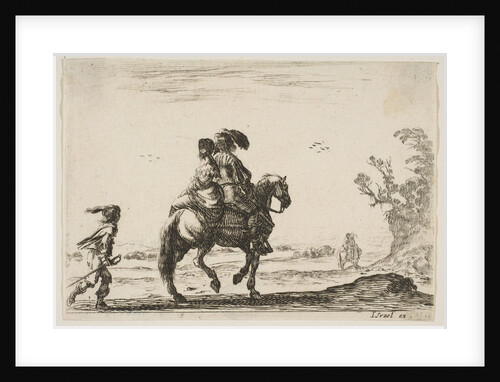Plate 10: a horseman and a woman, seen from behind, riding towards the right with a young …, 1642 by Stefano della Bella