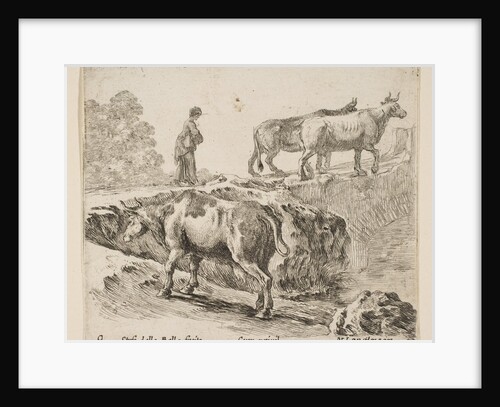 Plate 9: a cow ascending a bank, a peasant woman leading two cows across a bridge i…, ca. 1644-47 by Stefano della Bella