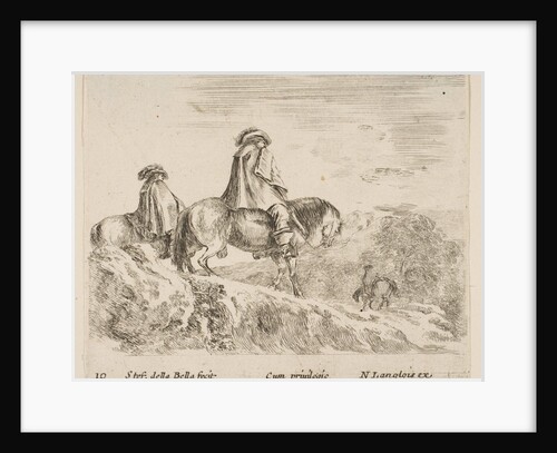 Plate 10: two horsemen descending a mountain at left, another horseman to right in …, ca. 1644-47 by Stefano della Bella
