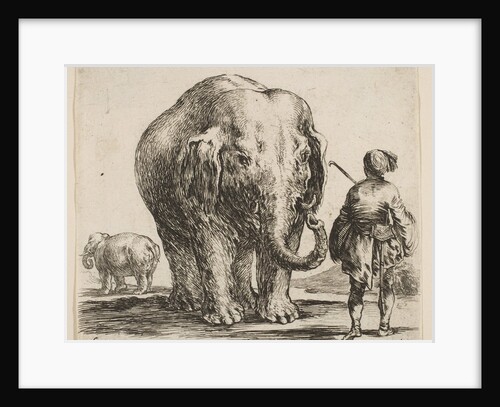 Plate 16: an elephant in center, his mahout standing to the right wearing an Orient…, ca. 1644-47 by Stefano della Bella