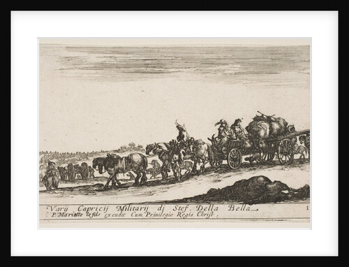Plate 1: A horse drawn cart carrying people and goods, dead horse in the foreground, f…, ca. 1641 by Stefano della Bella