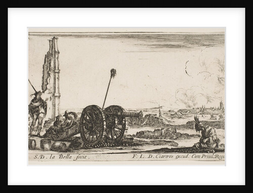 Plate 2: A cannon to the left, a town in the background, from 'Various Military Capric…, ca. 1641 by Stefano della Bella