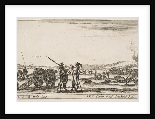 Plate 3: An officer giving orders to a solider in centre foreground, cannon at left, f…, ca. 1641 by Stefano della Bella
