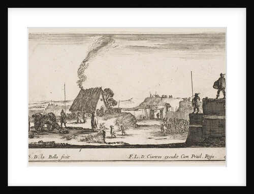 Plate 4: A military encampment with a soldier standing on a parapet to the right beati…, ca. 1641 by Stefano della Bella