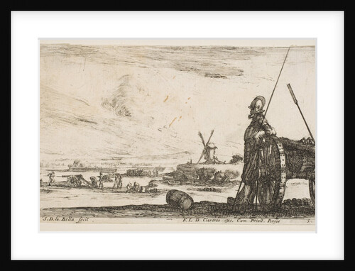 Plate 5: A Pikeman standing at right next to a cannon, other military figures…, ca. 1641 by Stefano della Bella