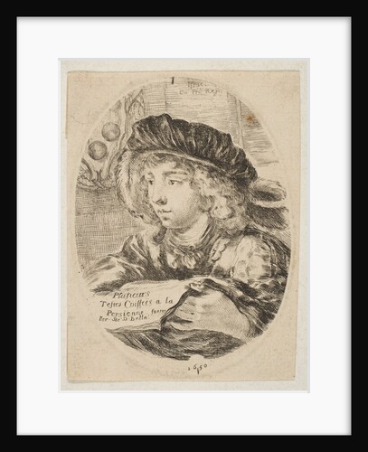 A bust of a young man wearing a cap with feathers, turned three-quarters to the left, the …, 1650 by Stefano della Bella