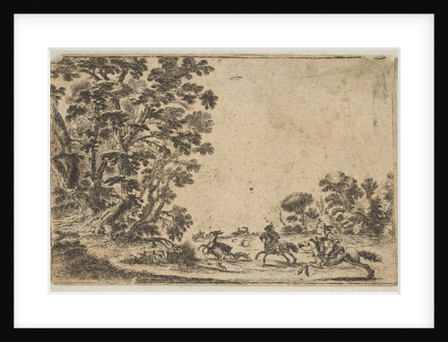 Plate 4: a deer hunt, two horsemen galloping towards the rightbehind three dogs and …, after 1642 by Stefano della Bella/Unknown