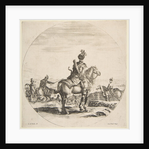 Polish horseman with a bow and arrow, seen from behind with his horse facing right, a …, ca. 1651 by Stefano della Bella