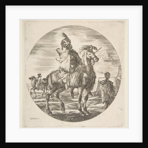 Moorish horseman in profile facing right, a black slave holding a fur at right, anothe…, ca. 1651 by Stefano della Bella