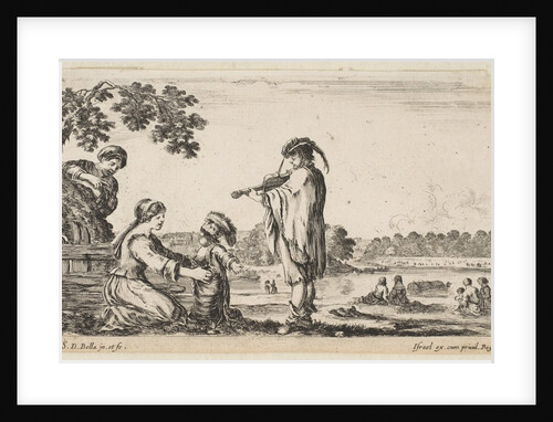 A man playing the violin in center, turned towards the left in profile, a seated woman to …, 1649 by Stefano della Bella