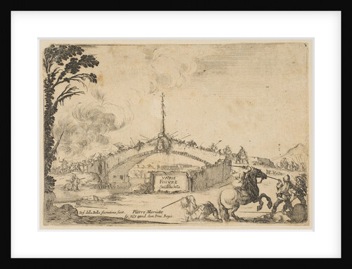 Combat on a bridge, a horseman and two footsoldiers battle with swords at bottom right…, ca. 1645 by Stefano della Bella