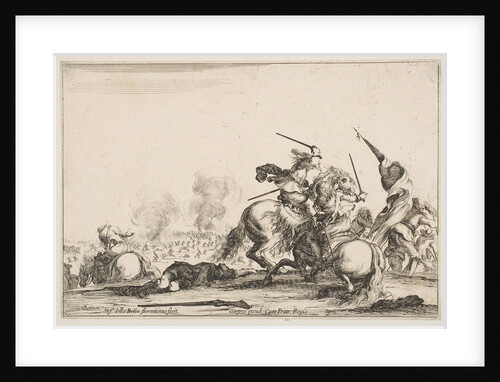 A skirmish, two horsemen battling with swords to the right, men carrying a flag runnin…, ca. 1645 by Stefano della Bella