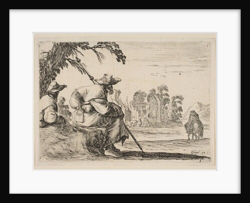 Plate 5: two pilgrims with hats rest to the left, seen from behind, a horseman rides towar…, 1642 by Stefano della Bella