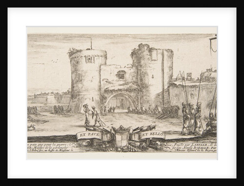 An entrance to a fortress in center, a woman with child seated by a fire to right, sol…, ca. 1641 by Stefano della Bella