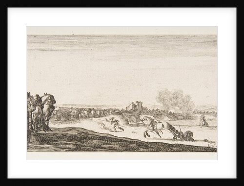 A procession of horse-drawn cannon carriages to left, horsemen in combat and a dead ho…, ca. 1641 by Stefano della Bella