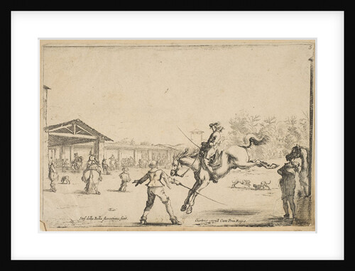 A riding school, a horseman with sword jumping directed by another man with a sword in…, ca. 1645 by Stefano della Bella