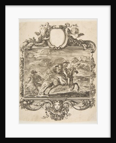 A cavalier and a lady on horseback, within an ornate border decorated with fruit and c…, ca. 1655 by Stefano della Bella