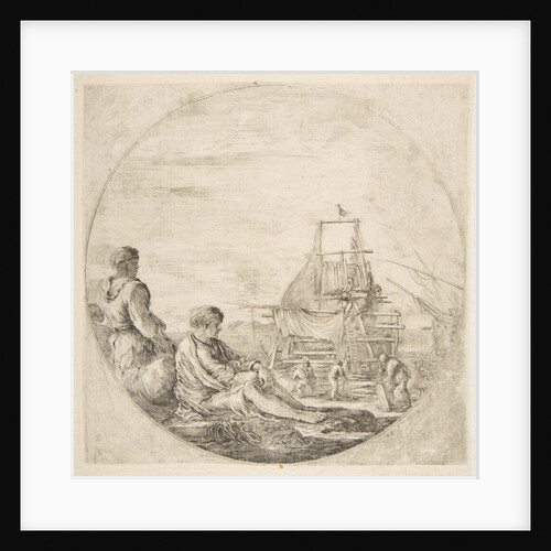 A seated white sailor and a standing black sailor, people building a ship in the backg…, ca. 1660 by Stefano della Bella