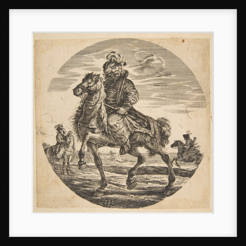 Hungarian horseman riding towards the left, other horsemen in the background, a circular c… by Johanna Christina Küsel