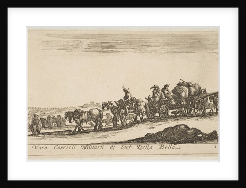 Plate 1: a horse drawn cart carrying people and goods, dead horse in the foreground, f…, ca. 1641 by Stefano della Bella