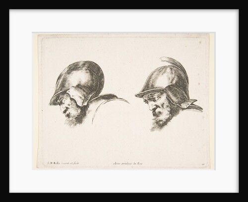 Plate 10: two heads of old soldiers wearing helmets, both facing left and looking down…, ca. 1641 by Stefano della Bella