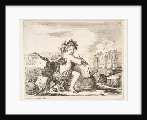 Plate 1: the genius of drawing, a child with wings, seated on a rock in center turn…, ca. 1641-43 by Stefano della Bella