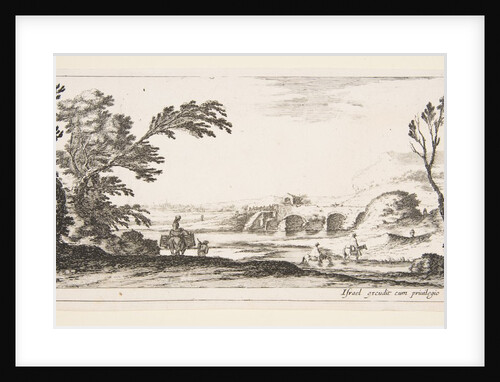 Plate 3: two horsemen crossing a river to right, a woman with two baskets atop a donke…, ca. 1641 by Stefano della Bella