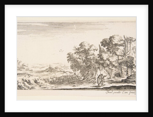 Plate 4: two pilgrims observing ruins to right, one pointing towards the right, a shep…, ca. 1641 by Stefano della Bella